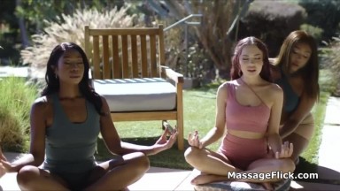 Scissoring outdoors with meditation instructor